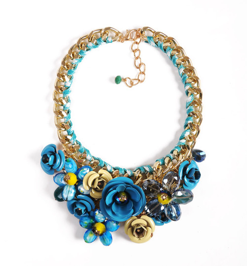 N-3809 Europe style gold plated woven handmade coarse chain luxury print metal flower colorful crystal beads exaggerated statement necklace