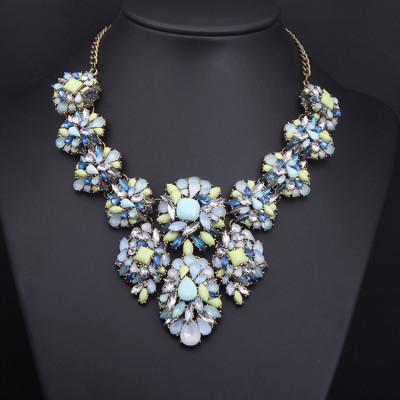 N-3806 Europe Style Bronze Alloy  Resin Gem Crystal Flower Choker Necklace