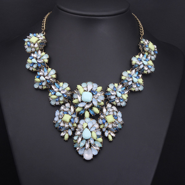 N-3806 Europe Style Bronze Alloy  Resin Gem Crystal Flower Choker Necklace