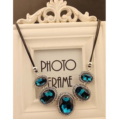 N-3804 Europe Style Leather Rope Chain Exaggerated Big Gem Crystal Choker Necklace