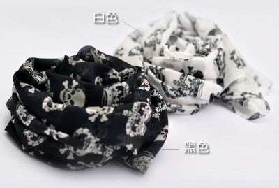 C-0067 New Coming Print White Black Crown Skull Chiffon Scarves Shawl