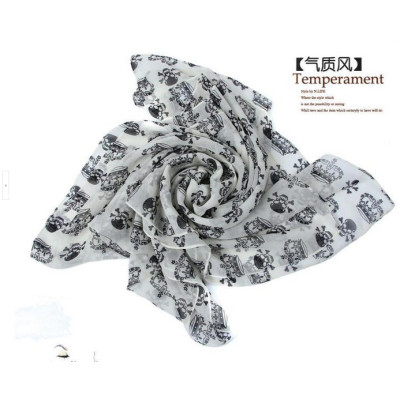 C-0067 New Coming Print White Black Crown Skull Chiffon Scarves Shawl