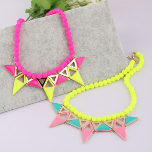 N-3814 Korea Style Candy Color Beads Chain Enamel Triangle Geometry Pendant Necklace 2Colors