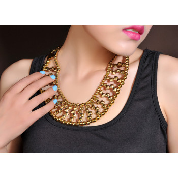 N-3830 Vintage Style Bronze Alloy Beads Rivets Shape Hollow Out Collar Necklace