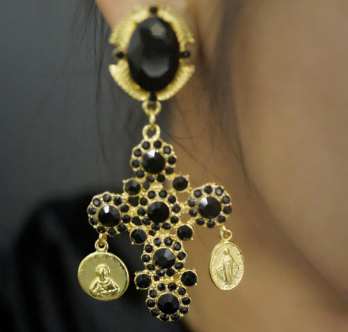 E-3096 European Style Gold Plated Alloy Black Crystal Cross Coin Flower Dangle Earrings