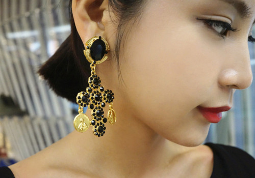 E-3096 European Style Gold Plated Alloy Black Crystal Cross Coin Flower Dangle Earrings