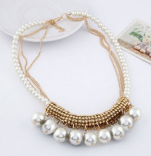 N-3620 Fashion charms Gold Plated Alloy Multilayer Chains Pearl Tassels Choker Necklace
