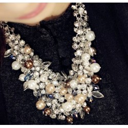 N-3840 European Style Silver Plated Pearl Crystal Leaves Handcraft Choker Necklace