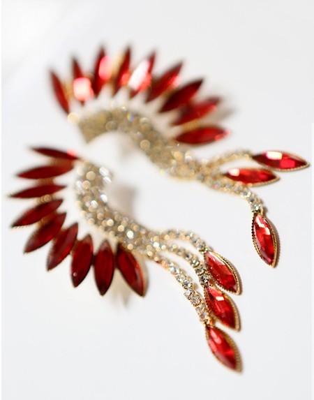 Fashion  gold plated alloy acrylic feather shape rhinestone tassels ear stud earrings E-2126