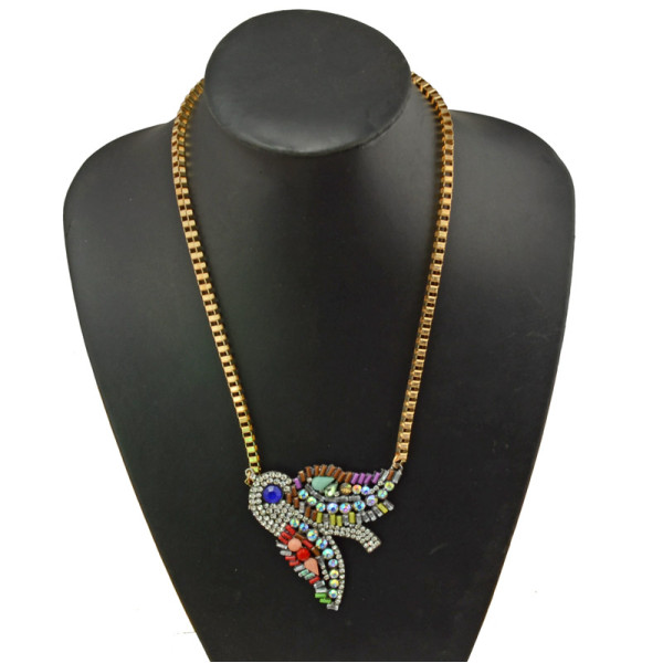 N-3839 New Fashion gold filled  Chain Rhinestone Colorful Crystal Bird Pendant Necklace