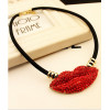 N-3838 Korea Style Exaggerated Big Red Lip Rhinestone Pendant Female Black Rope Chain Vintage collar  necklace