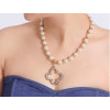 N-3837 Korea Style White Pearl Chain Crystal Rhinestone Clover Pendant Necklace