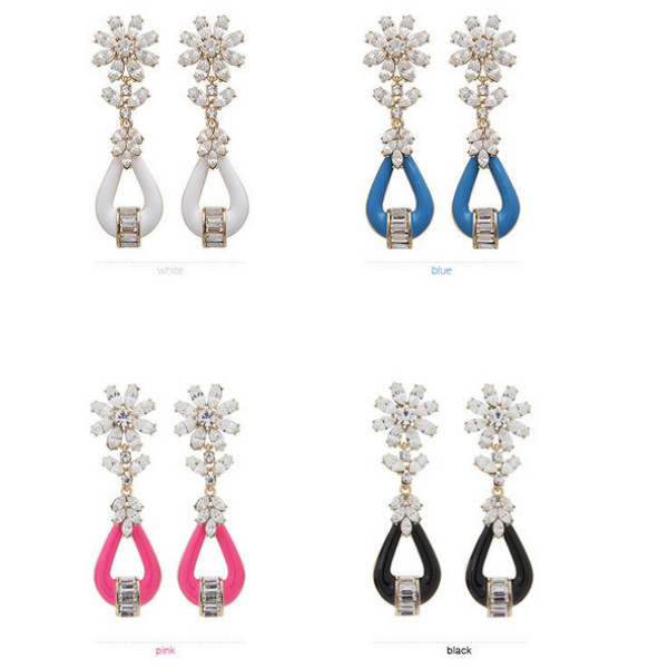 E-3098 Korea style gold plated alloy rose black blue white resin rhinestone flower stud dangle earrings