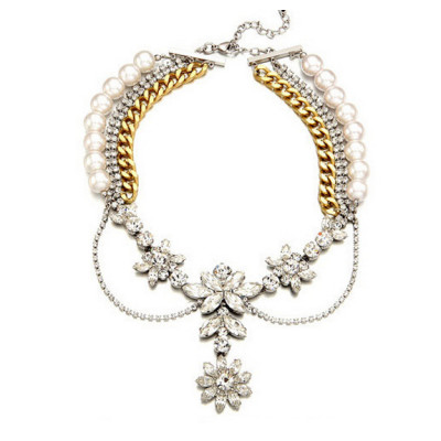 N-3835 European Style Silver Gold Plated Alloy  Pearl Rhinestone multilayer Chains Crystal Flower Choker Necklace
