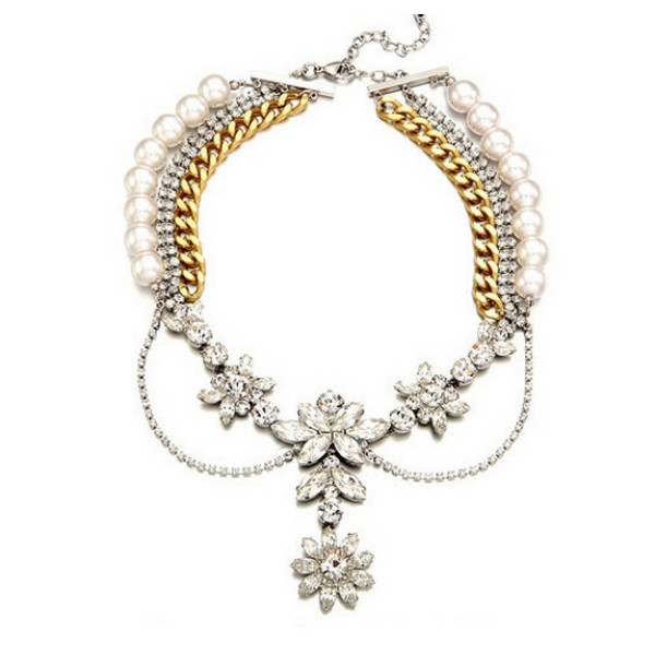 N-3835 European Style Silver Gold Plated Alloy  Pearl Rhinestone multilayer Chains Crystal Flower Choker Necklace