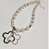 N-3837 Korea Style White Pearl Chain Crystal Rhinestone Clover Pendant Necklace
