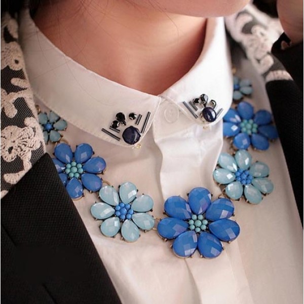 N-3848 Vintage style exaggerated bronze chain rose sea blue beads crystal flower choker necklace