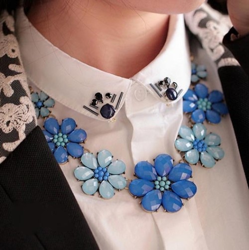 N-3848 Vintage style exaggerated bronze chain rose sea blue beads crystal flower choker necklace