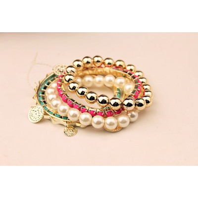 B-0350  Korea Style Multilayer 5Pcs/set Pearl Beads Resin Gem Coin Bangle Bracelets Set