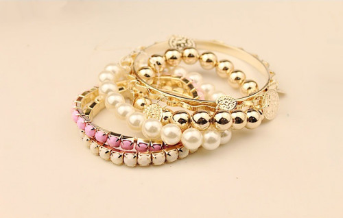 B-0350  Korea Style Multilayer 5Pcs/set Pearl Beads Resin Gem Coin Bangle Bracelets Set