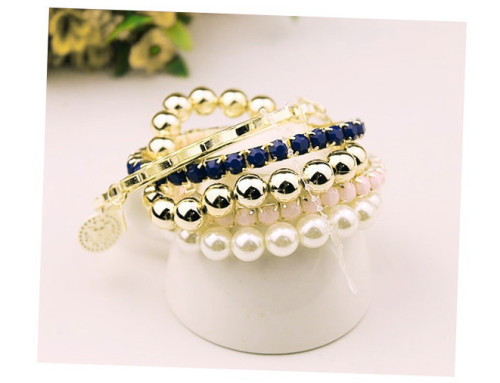 B-0350  Korea Style Multilayer 5Pcs/set Pearl Beads Resin Gem Coin Bangle Bracelets Set