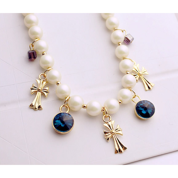 N-3853 Korea style Pearl Chain Cube Round Crystal Crosses Tassels Necklace
