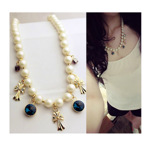 N-3853 Korea style Pearl Chain Cube Round Crystal Crosses Tassels Necklace