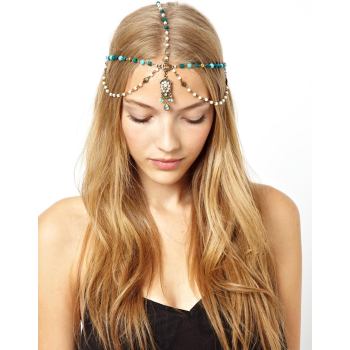 F-0148 European Style Bronze Metal Pearl Blue Wood Beads Rhinestone Carving Drop Tassels Hairband Headband