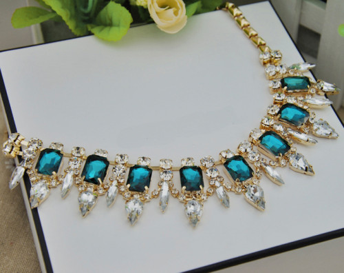 N-3856 European style Pink Blue Crystal Clear Rhinestone Rivets Tassels Necklace