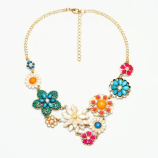 N-3851 Spring style Gold Plated Link Chain Colorful Beads Resin Gem Flowers Necklace