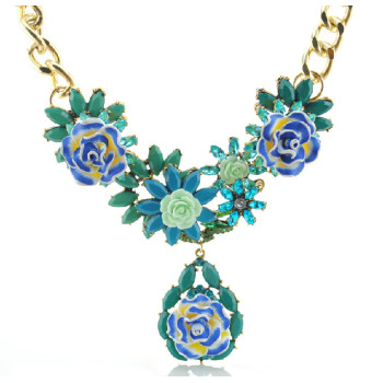 N-3869 Europe Style Gold Plated Alloy Colorful Resin Gem Crystal Flower Leaves Link Chain Necklace