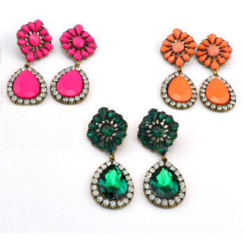 E-3113 Vintage style Bronze Alloy Crystal Rhinestone Flower Drop Dangle Earrings