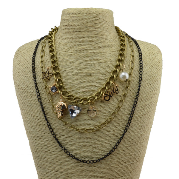 N-3859 Europe Vintage Triangle skull pearl star letter mix pendant multilayer chain statement chunky  Necklace