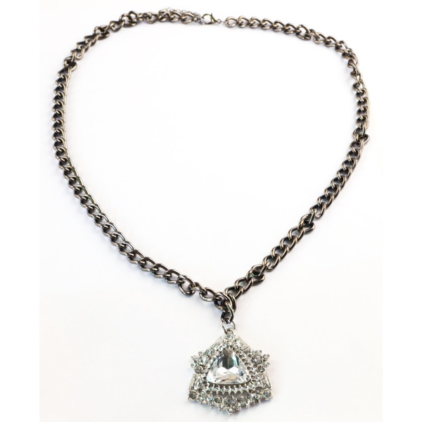 N-3873 European style gun black alloy long chain clear rhinestone crystal triangle pendant necklace