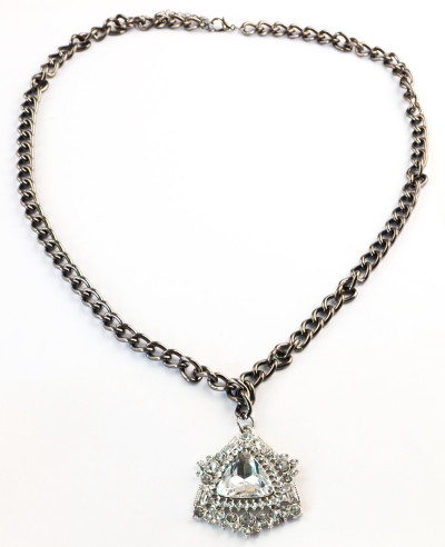 N-3873 European style gun black alloy long chain clear rhinestone crystal triangle pendant necklace