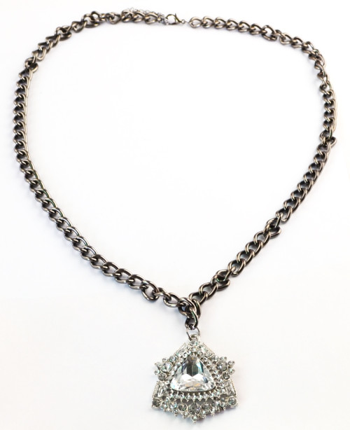 N-3873 European style gun black alloy long chain clear rhinestone crystal triangle pendant necklace