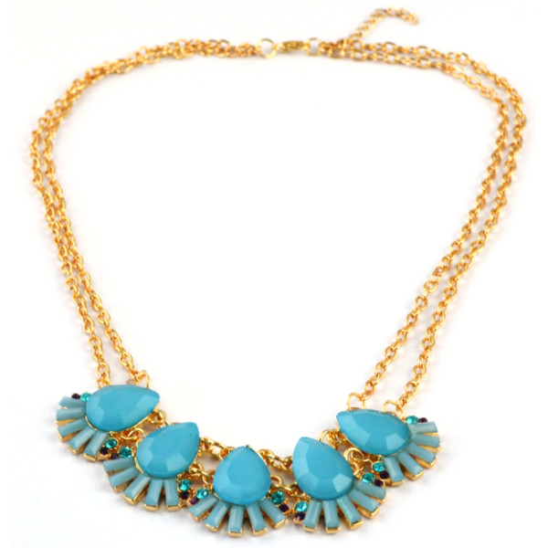 N-3876 Korea Style Gold plated Double Chain Rhinestone Drop Resin Gem Flower Necklace