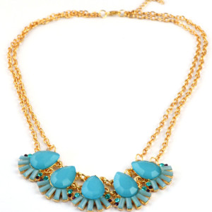 N-3876 Korea Style Gold plated Double Chain Rhinestone Drop Resin Gem Flower Necklace