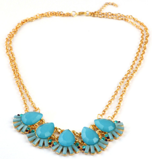 N-3876 Korea Style Gold plated Double Chain Rhinestone Drop Resin Gem Flower Necklace