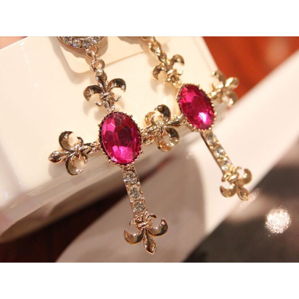 E-3115 European  Gold Plated  Rhinestone Crystal Bead Flower Dangle Cross Earrings Brinco
