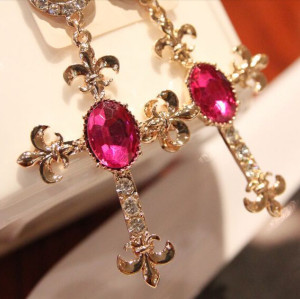 E-3115 European  Gold Plated  Rhinestone Crystal Bead Flower Dangle Cross Earrings Brinco