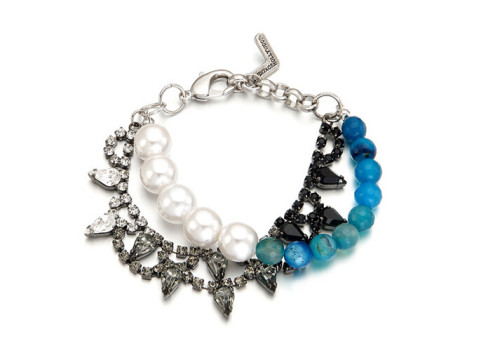 B-0352 Korea Style Siver  Plated Pearl  Bead  rhinestone crystal double Chain Bracelet&bangle
