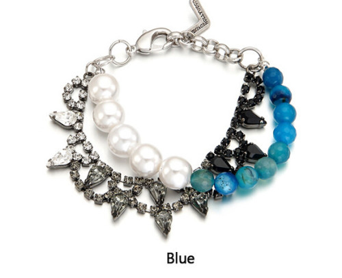 B-0352 Korea Style Siver  Plated Pearl  Bead  rhinestone crystal double Chain Bracelet&bangle