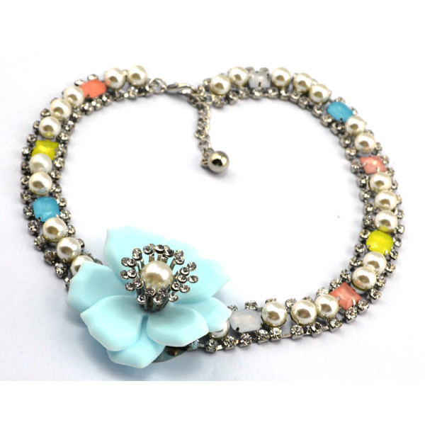 N-3877 Korea Style Gun Black Chain Pearl Rhinestone Big Flower Necklace