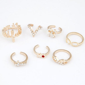 R-1130 Korea Style Gold Plated Rhinestone Bow Cross Letter Ok Eight V Shape Joint Rings Set