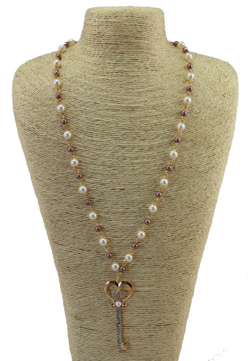 N-3874 Korea Style Pearl Chain Heart Crown Rhinestone Key Pendant Necklace