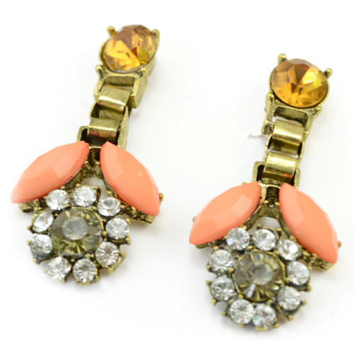 E-3135 Fashion bronze alloy rhinestone resin gem flower movable lovely earrings for girls
