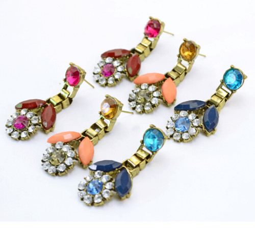 E-3135 Fashion bronze alloy rhinestone resin gem flower movable lovely earrings for girls