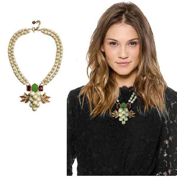 N-3883 New Arrive Fashion Double Chain Gold Plated Crystal Rhinestone Leaves Pearl Grape Statement Necklace