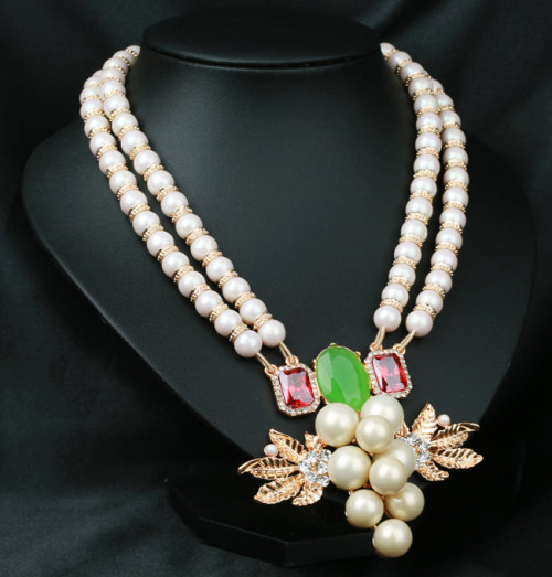 N-3883 New Arrive Fashion Double Chain Gold Plated Crystal Rhinestone Leaves Pearl Grape Statement Necklace